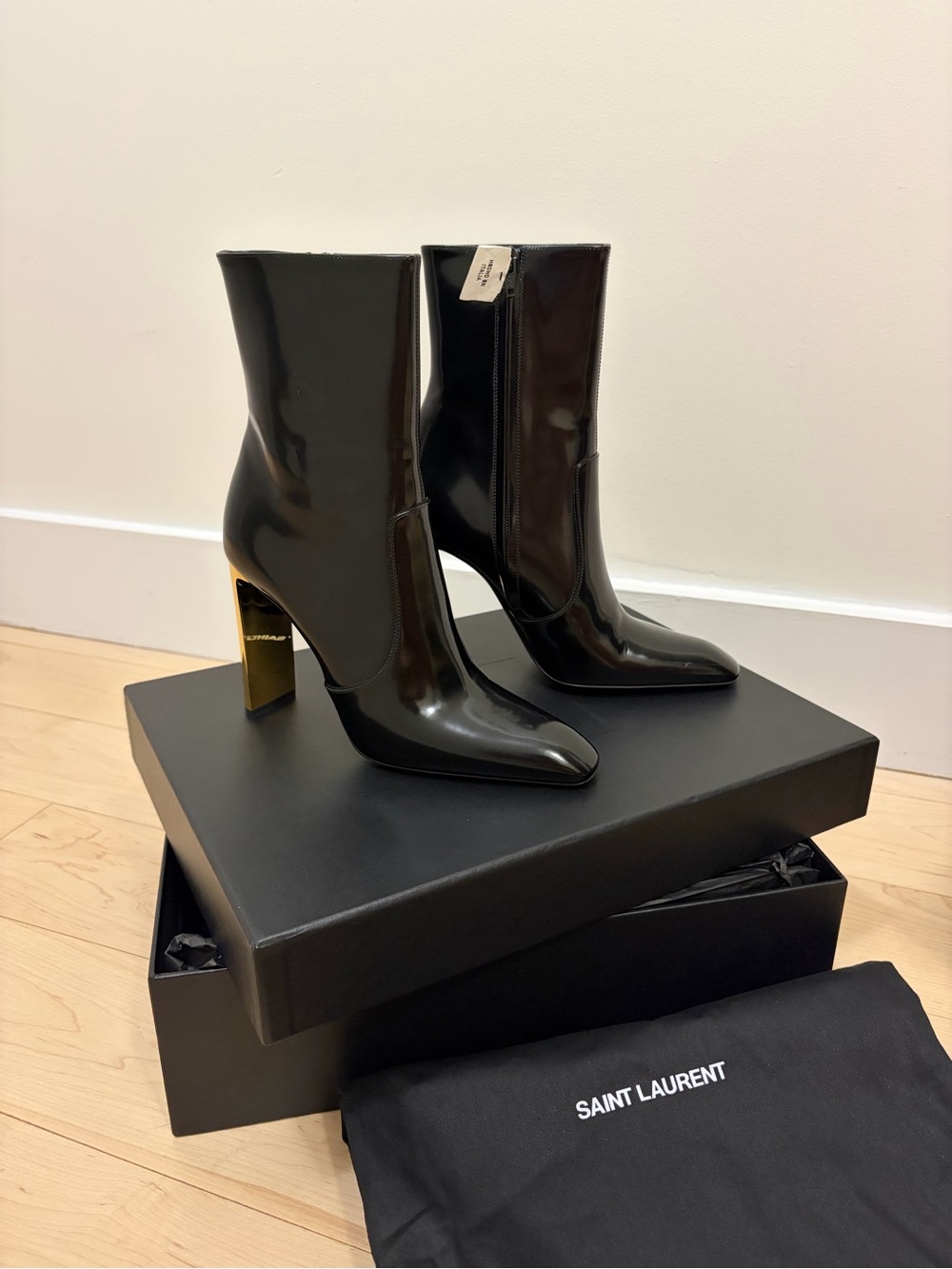Saint Laurent Auteuil Black Patent Gold Heel Booties Size 38
